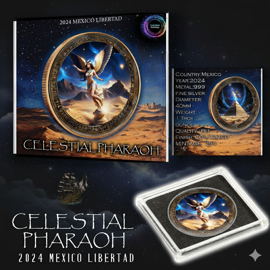 2024 Mexico Libertad Celestial Pharaoh Gilded & Colorized .999 10z. Silver Coin