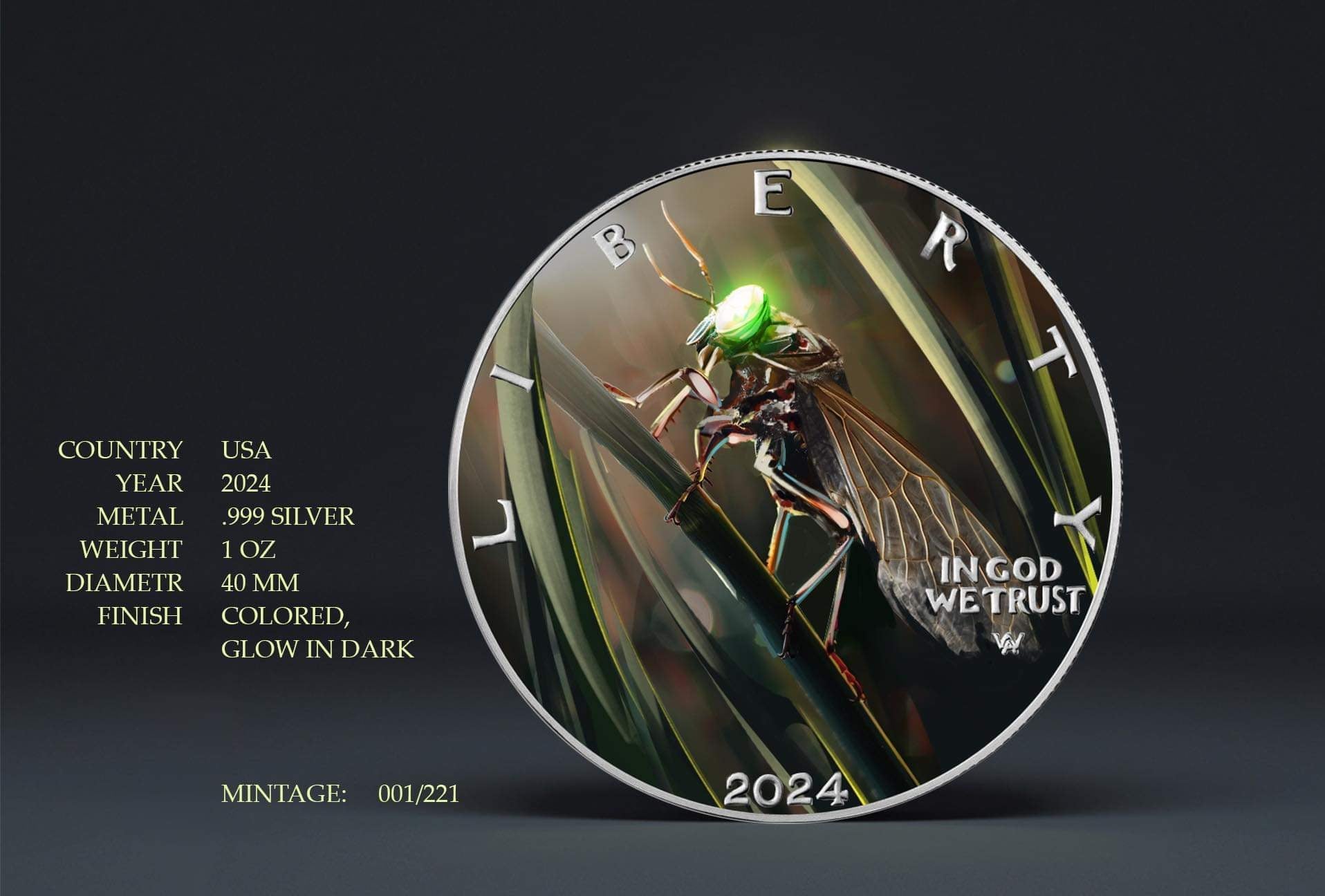 2024 colorized Silver Eagle .999 1oz coin Cicada Invasion Double glow in the dark w/s
