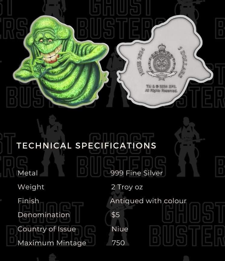 2024 Colorized Ghostbusters Slimer 2oz .999 Shaped Fine Silver Coin w/ Display Case