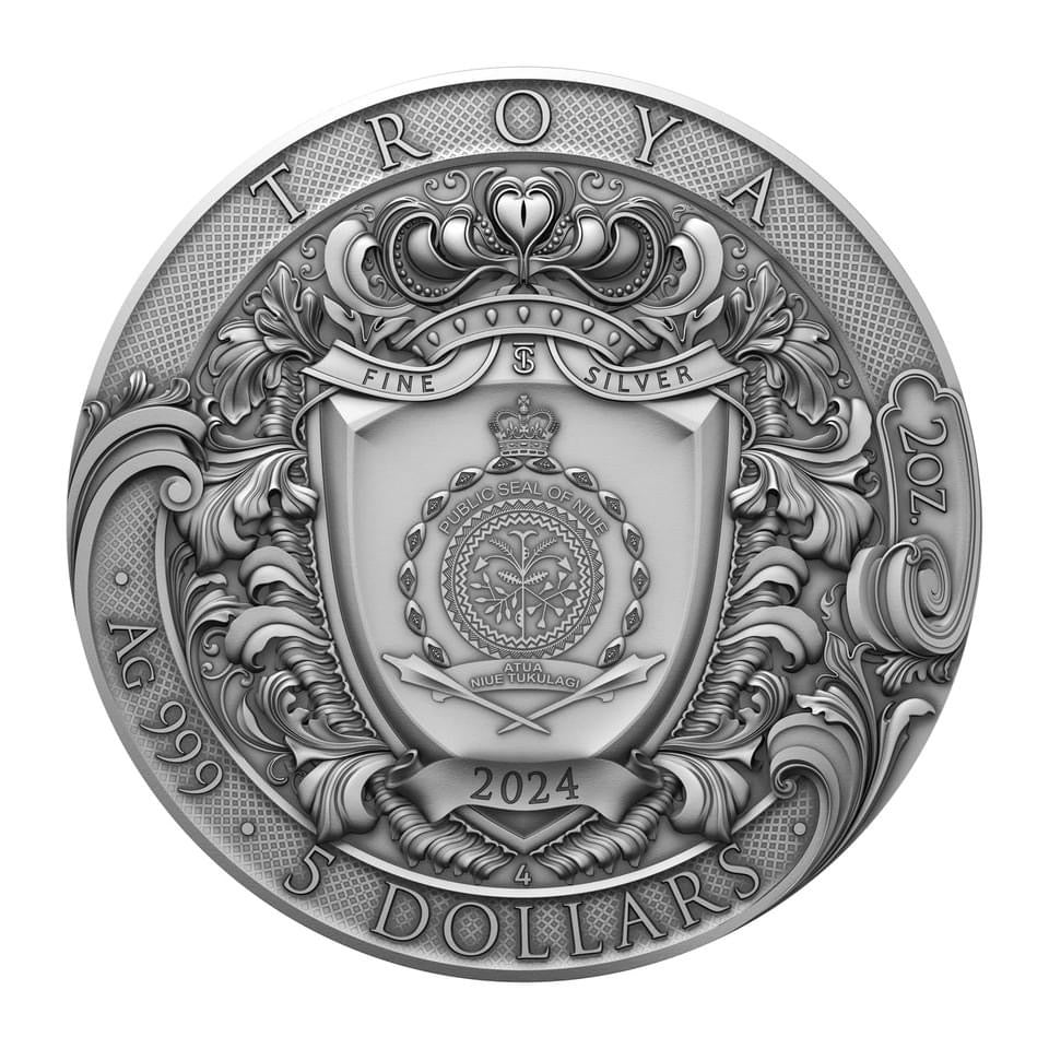 2024 NIue Troya 2oz Silver Antiqued with Selective Gold Gild & Color With Box and COA