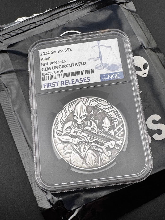 2024 Samoa Antique $2 Alien FR NGC Gem Uncirculated 1oz .999 Silver Coin