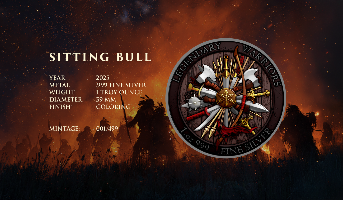 2025 Legendary Warriors Latest "Sitting Bull" Colorized 1oz .999 Silver Medal