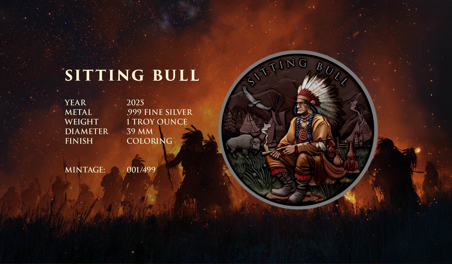 2025 Legendary Warriors Latest "Sitting Bull" Colorized 1oz .999 Silver Medal