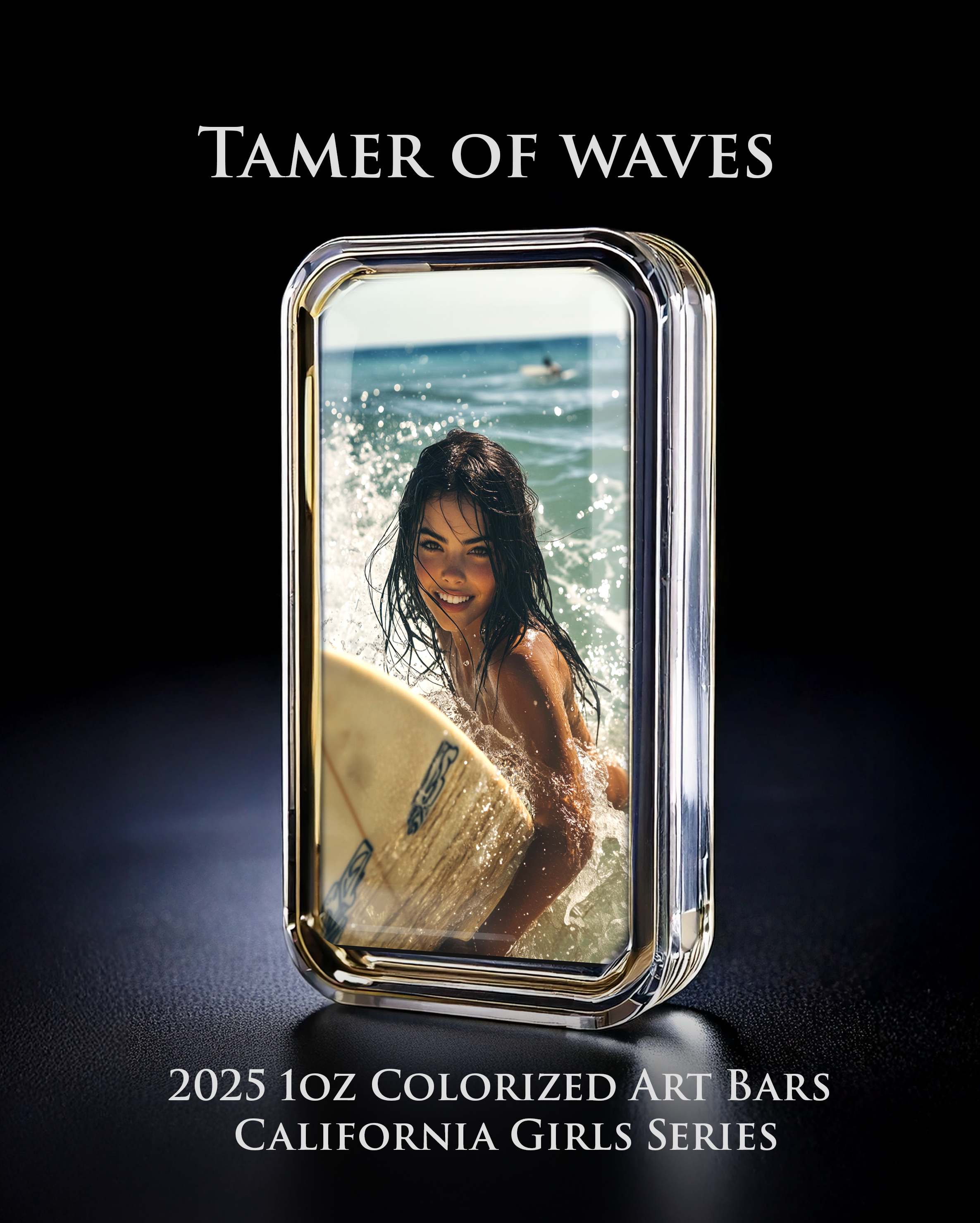 Cali Girls Song Bar Series "Tamer of Waves" 1oz .999 Fine Silver Color Art Bar