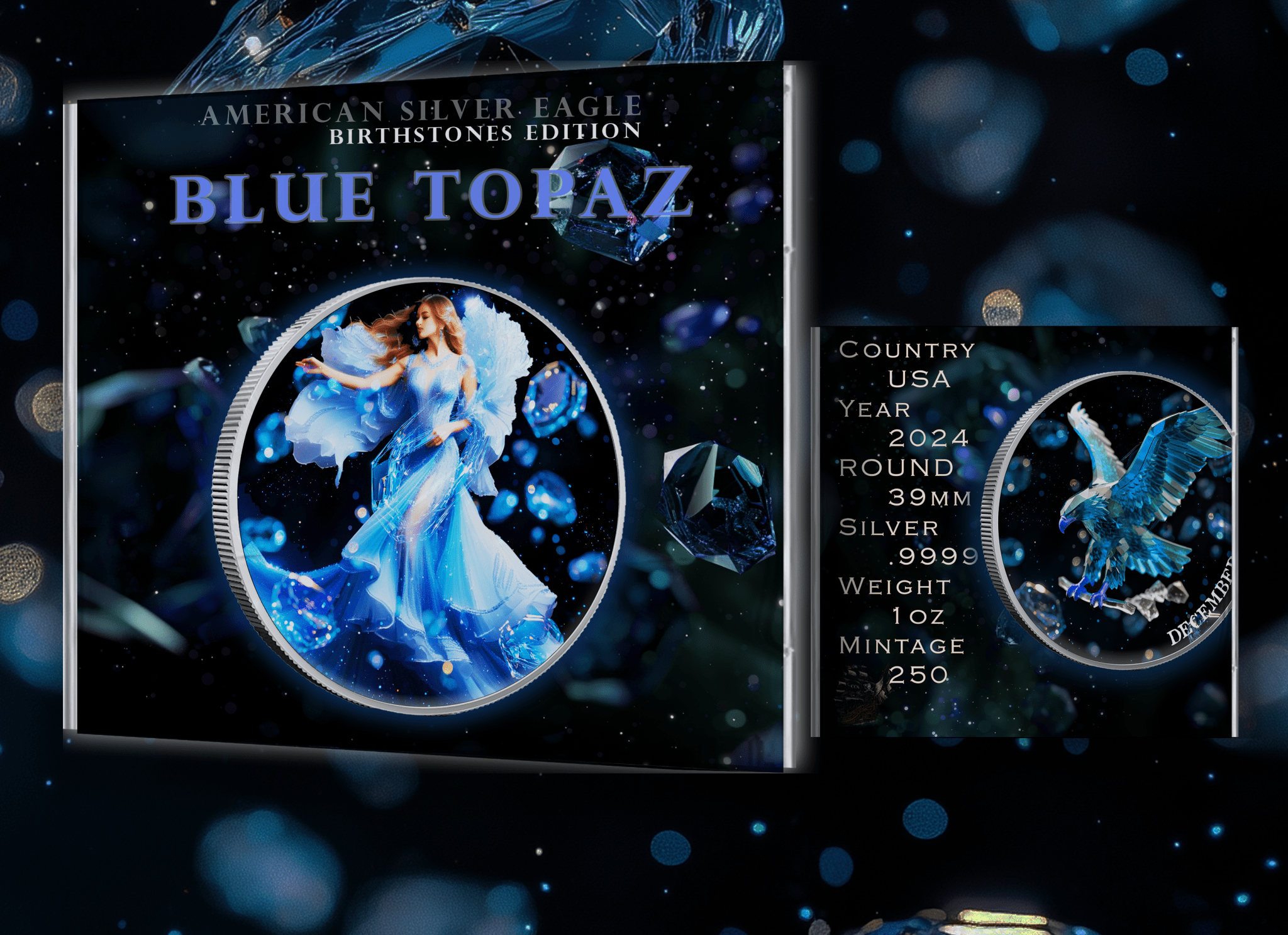 2024 Silver Eagle .999 Silver Coin Blue Topaz Edition December