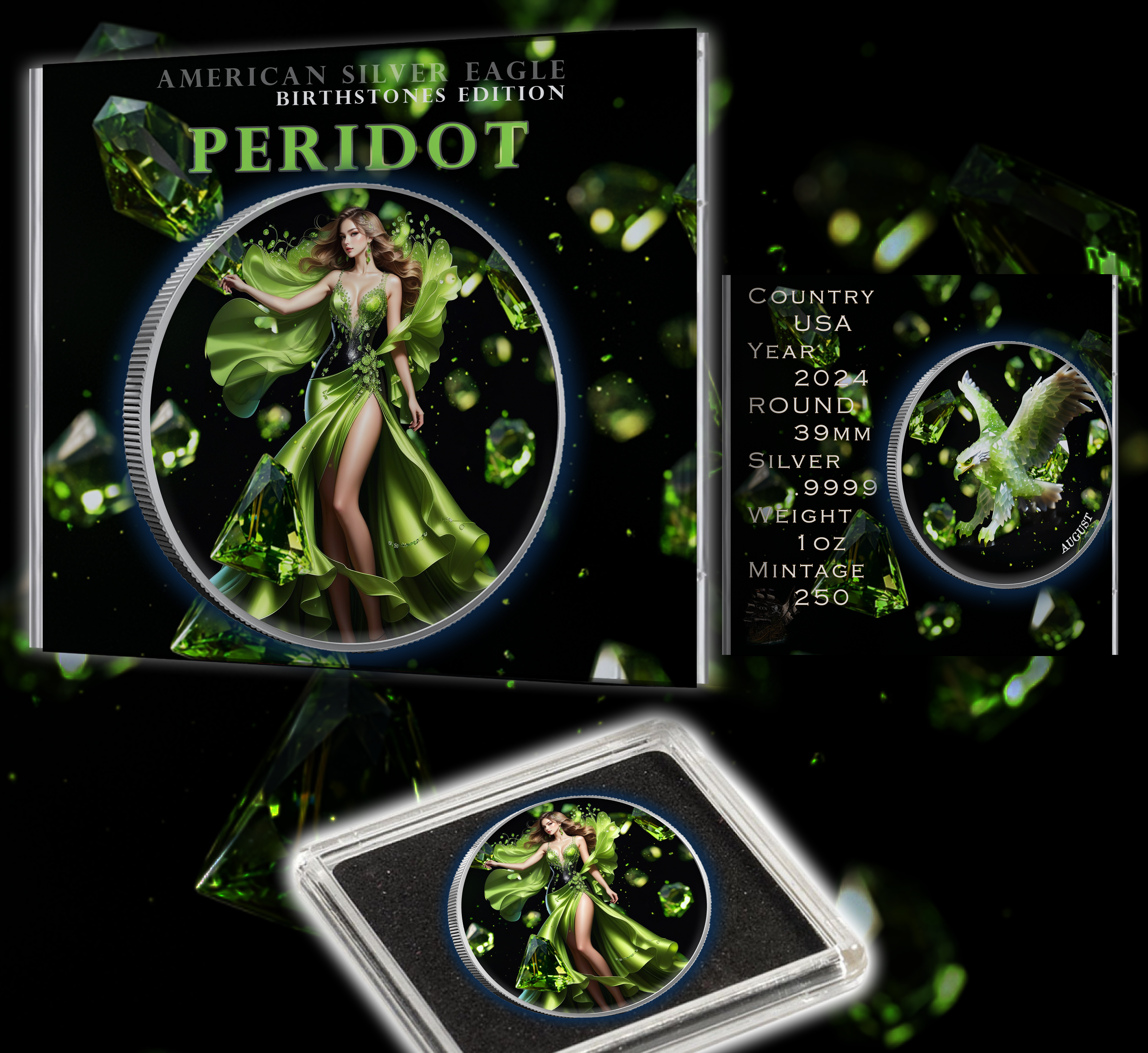 2024 Silver Eagle Month Series Peridot 1oz .999 Silver