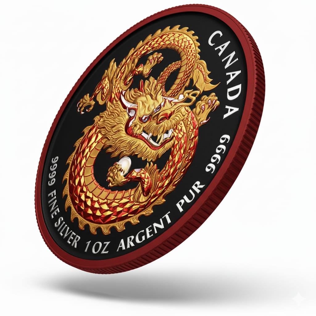 Canada Dragon 1oz Gold Gilded and Digital Colorization .9999 Silver Coin