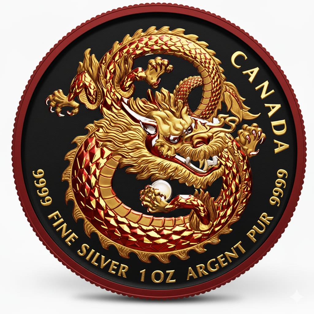 Canada Dragon 1oz Gold Gilded and Digital Colorization .9999 Silver Coin