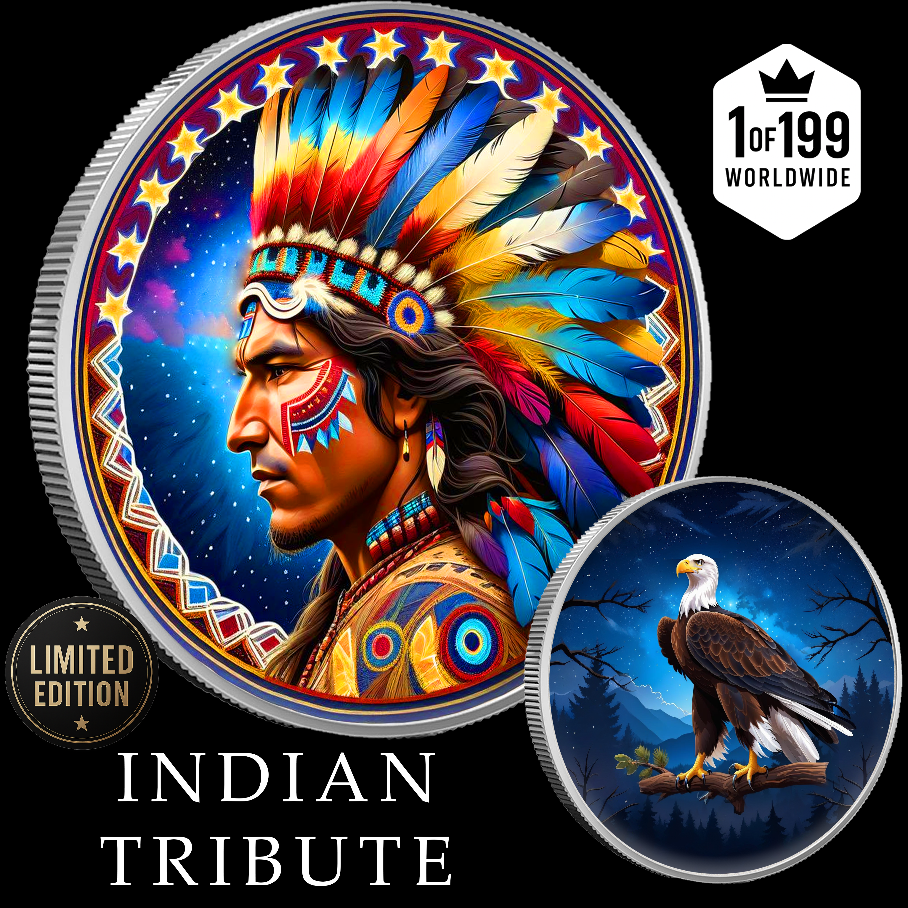 Intaglio Indian Tribute 1oz .999 Silver Fully Colorized Medal Limited Edition