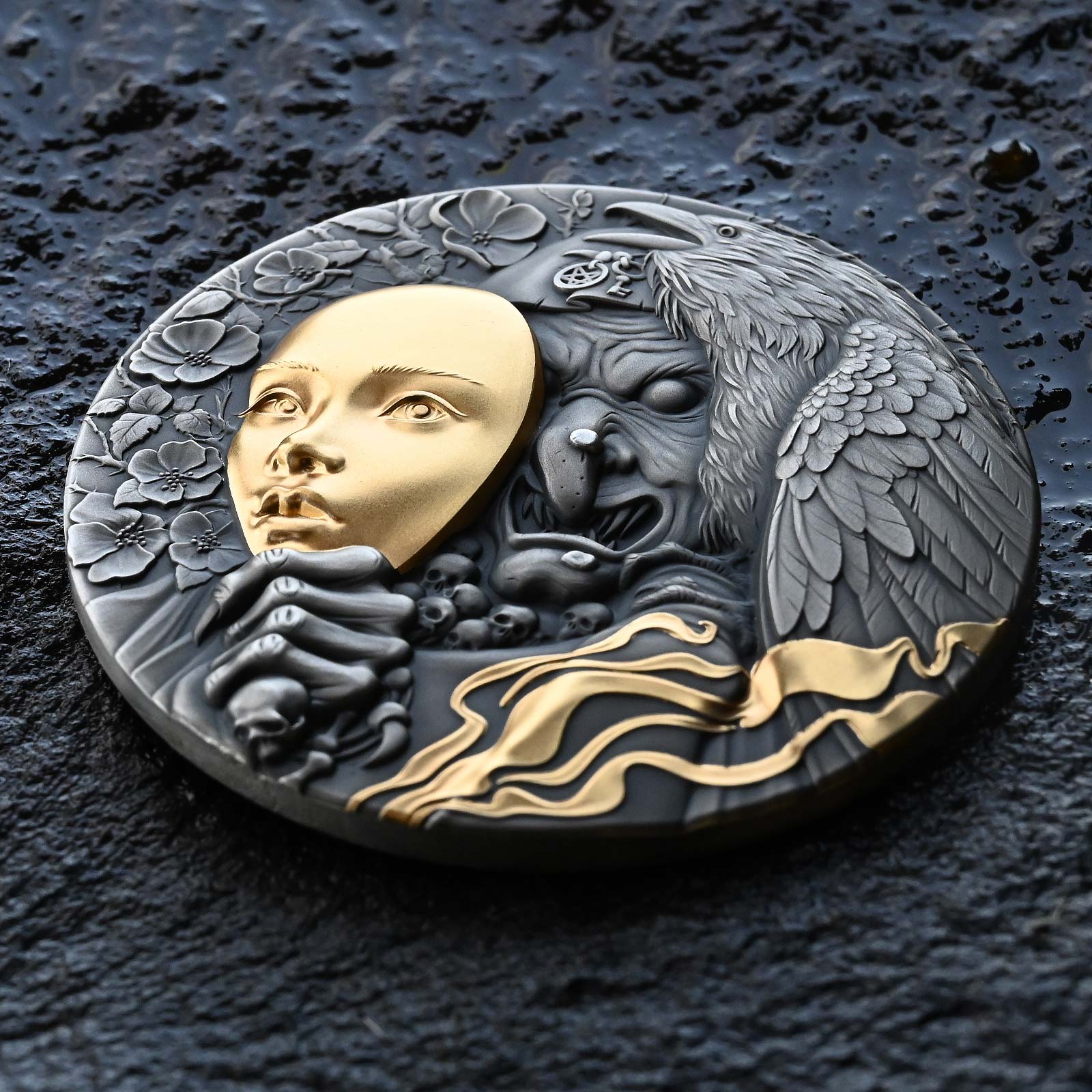 2023 T&S Behind the Mask 2oz Antiqued & Gold Gilt Pure Silver Coin