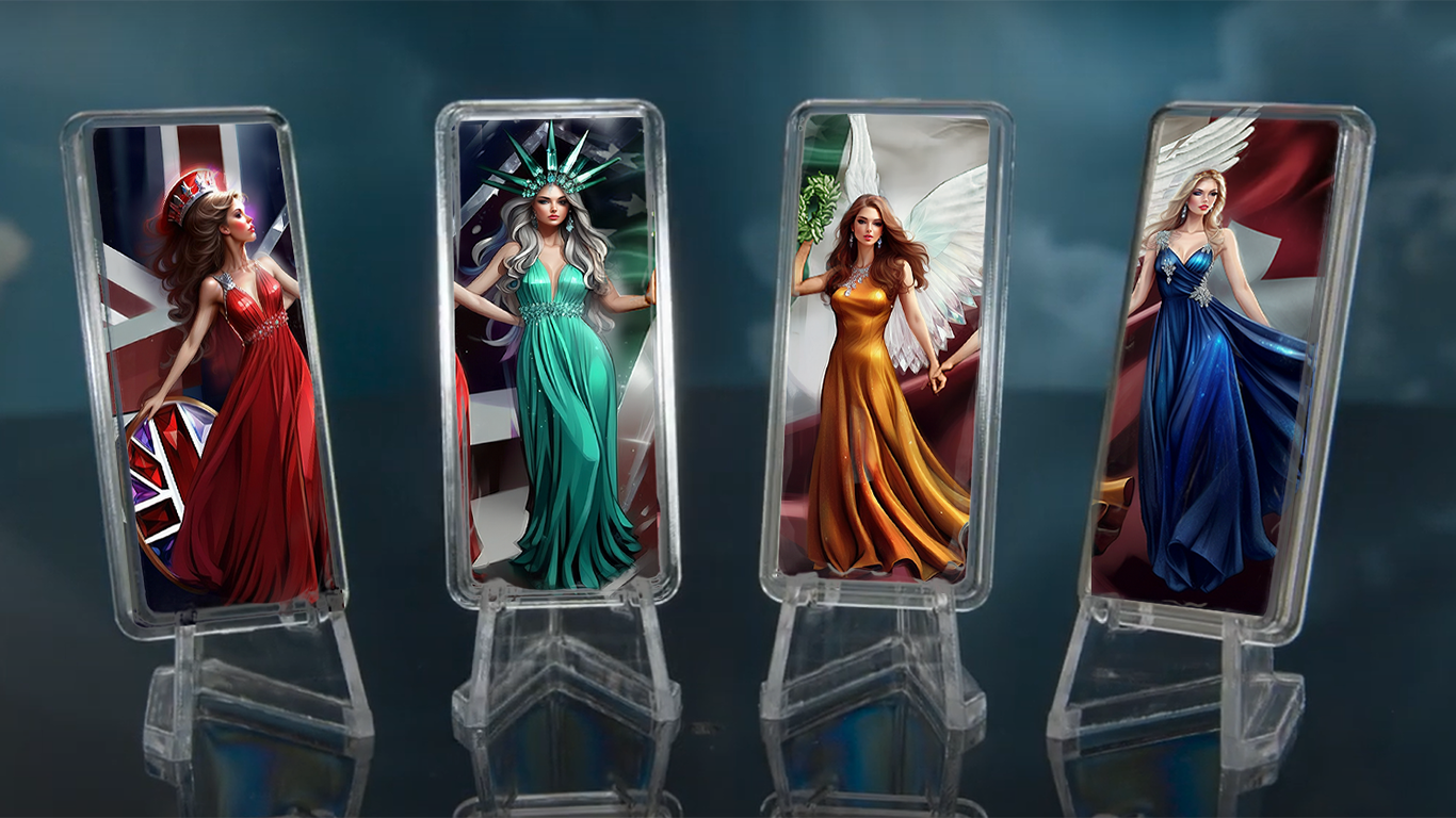 2024 The 4 Graces Color .999 Silver 4-1oz Bars W/Certificate & Frame Display