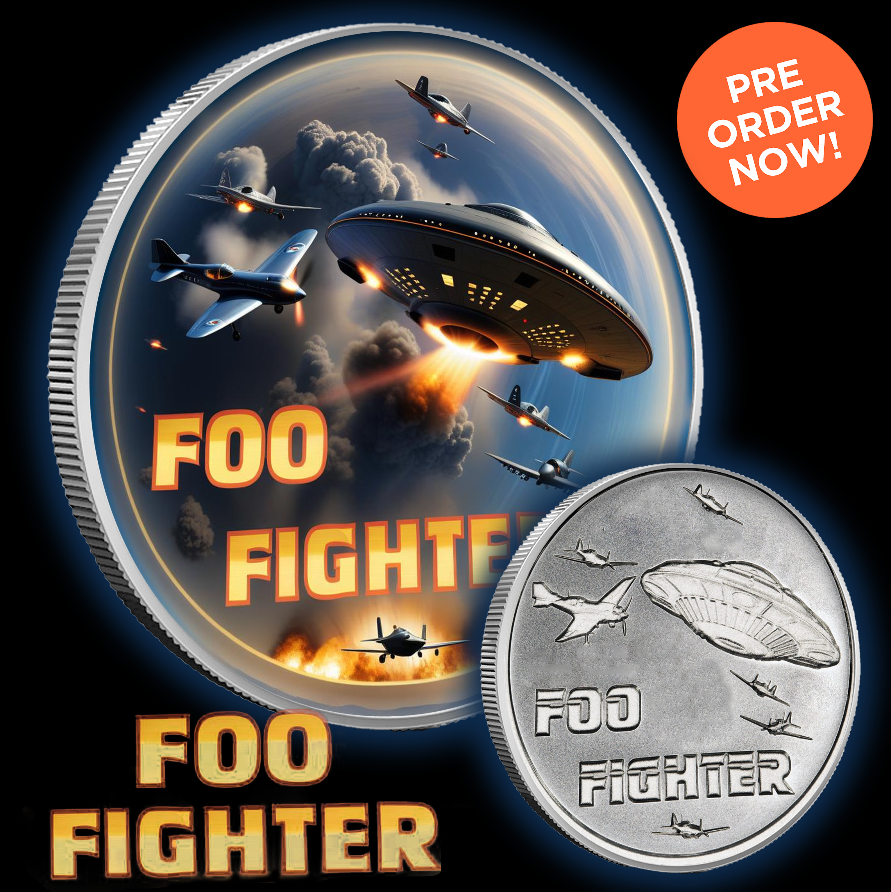 Intaglio Colorized Foo Fighters Alien Encounter 1oz .999 Silver Medal