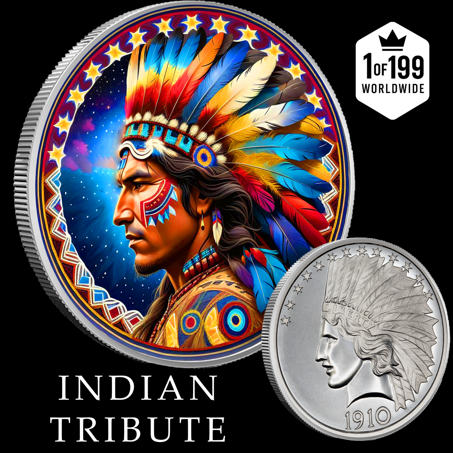 Intaglio Indian Tribute 1oz .999 Silver Fully Colorized Medal Limited Edition