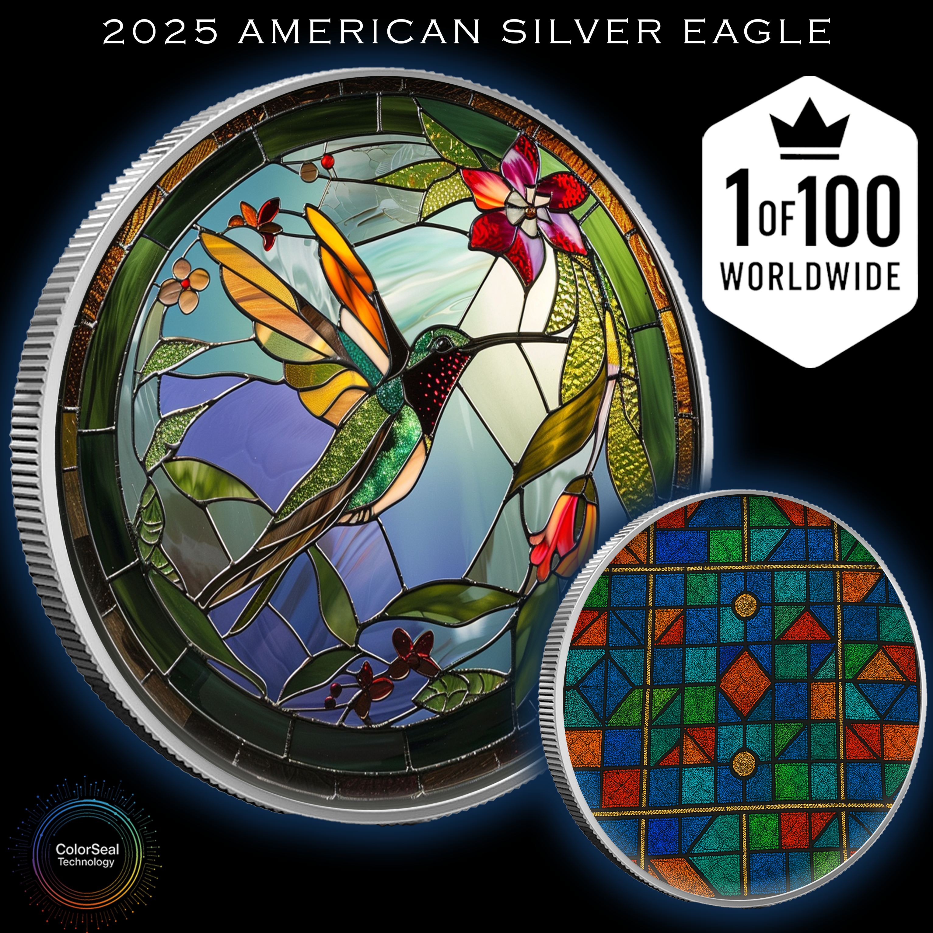 2025 Silver Eagle Mosaic Hummingbird "Nectar" 1oz Colorized .999 Silver Coin