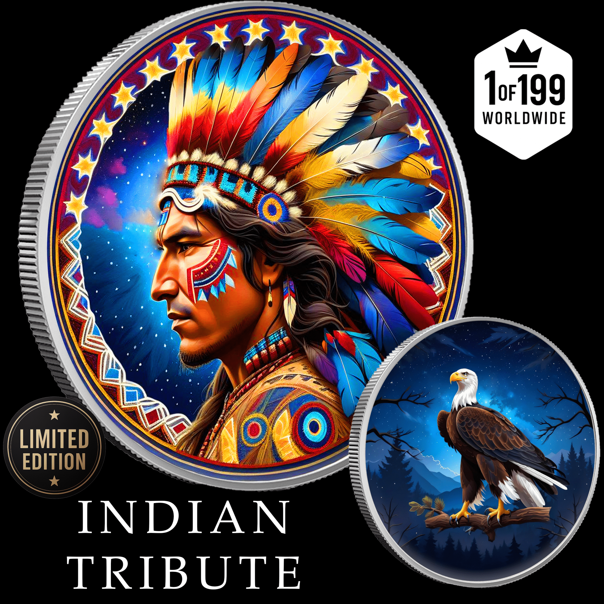 Intaglio Indian Tribute 1oz .999 Silver Fully Colorized Medal Limited Edition - Captain’s Chest Bullion