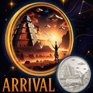 Intaglio UFO Over Tenochtitlan (Arrival) Gold Gilded Colorized 1oz .999 Silver Medal - Captain’s Chest Bullion