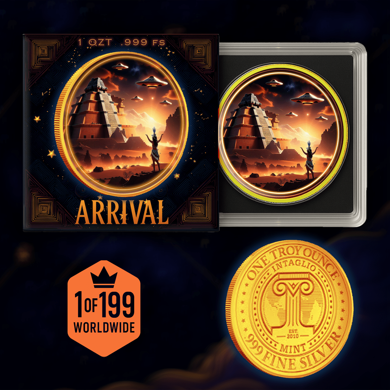 Intaglio UFO Over Tenochtitlan (Arrival) Gold Gilded Colorized 1oz .999 Silver Medal - Captain’s Chest Bullion