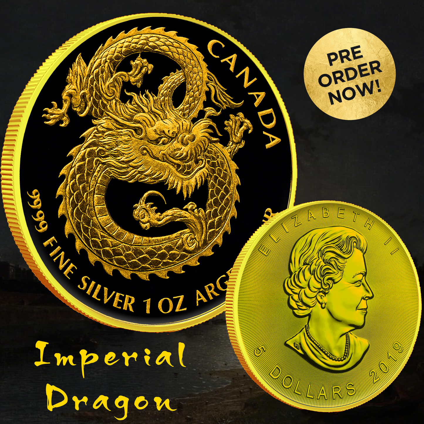 2019 Canada Chinese Dragon Colorized with Gold Gilding 1oz .9999 Silver Coin