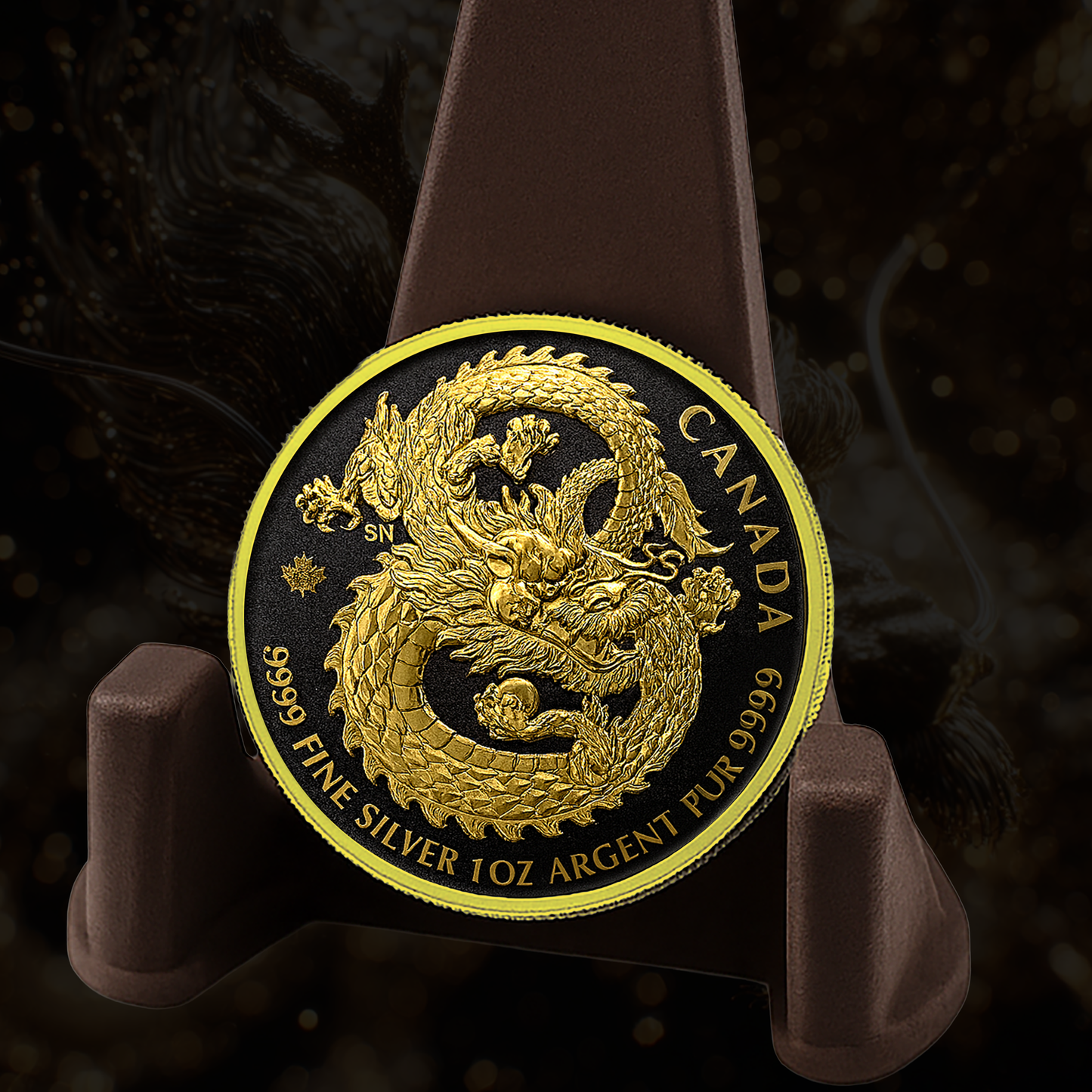 2019 Canada Chinese Dragon Colorized with Gold Gilding 1oz .9999 Silver Coin