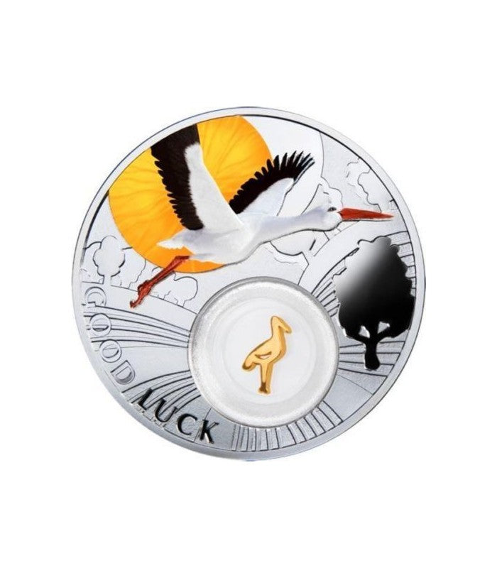 2014 Niue Stork Symbols of Luck w/ 24k Gold Plated Insert 1/2oz .999 Silver Coin