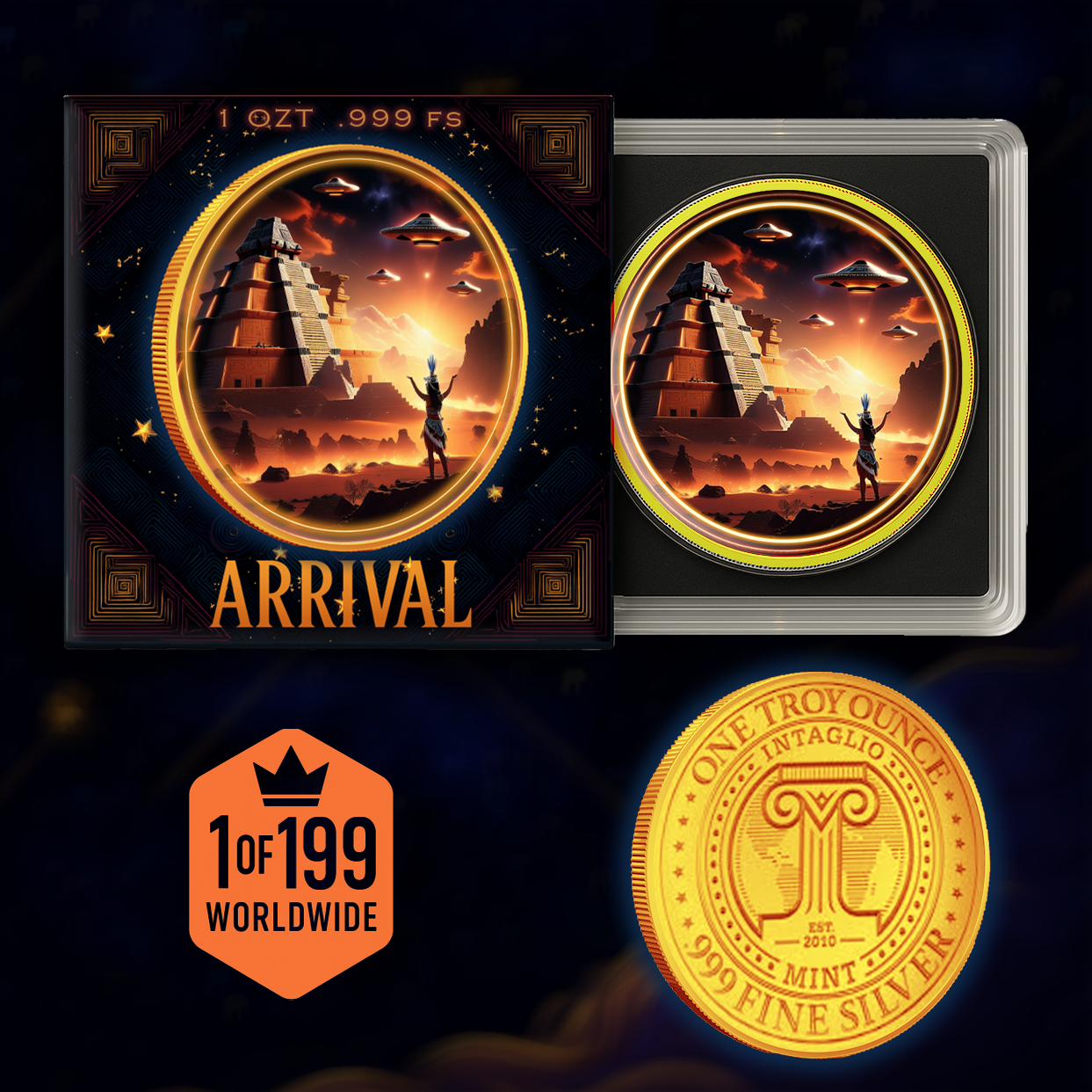 Intaglio UFO Over Tenochtitlan (Arrival) Gold Gilded Colorized 1oz .999 Silver Medal