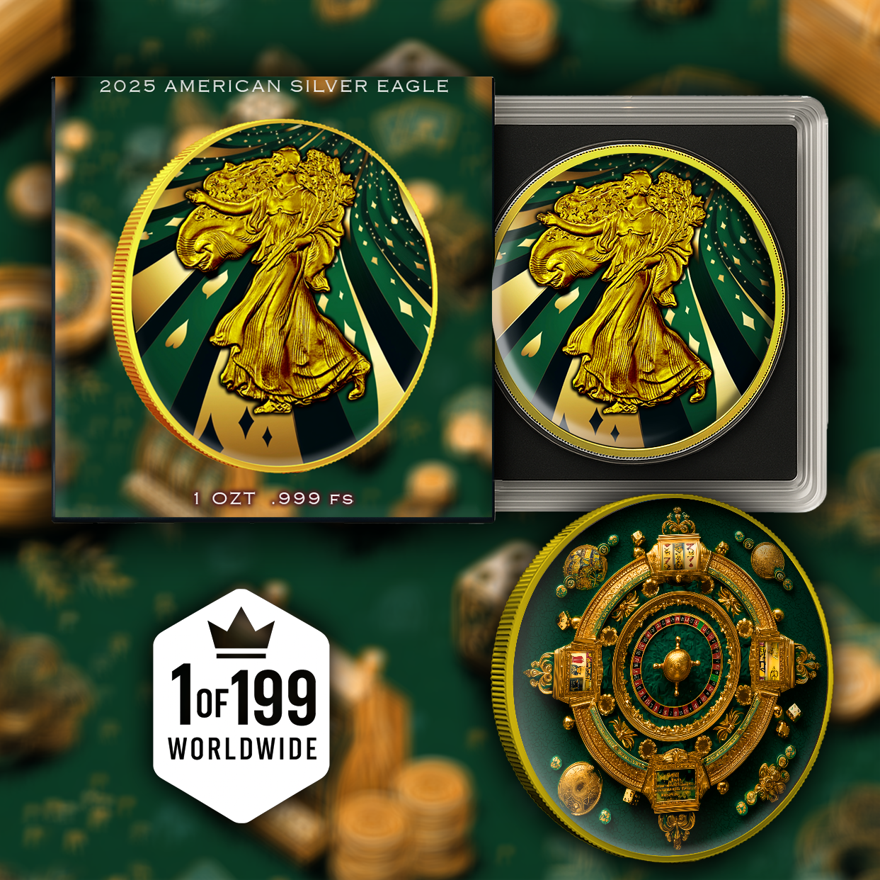 2025 Silver Eagle Gold Gilded High Roller 1oz Colorized .999 Silver Coin