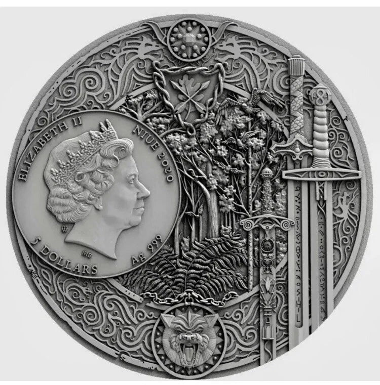 2020 2 Oz Silver $5 Niue The Witcher SWORD OF DESTINY Antique Finish Coin