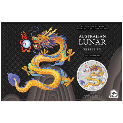 2024 1oz Australia Lunar Series III - Year of the Dragon- Yellow Dragon .9999 Silver Colored BU Coin-Melbourne Money Expo Special Edition