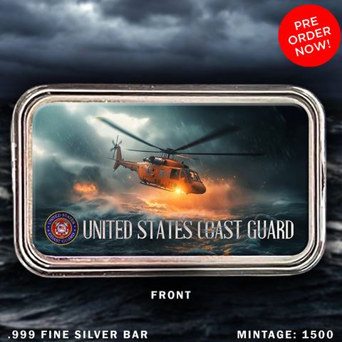 U.S. Coast Guard Rescue Heli 1oz .999 Silver Art Bar Colorized