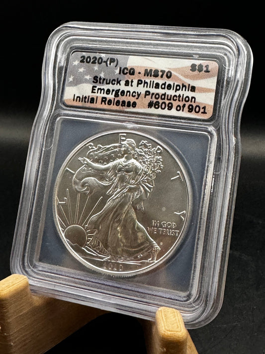 2020-P ICG MS70 Emergency Production Initial Release Silver Eagle .999 Silver Coin