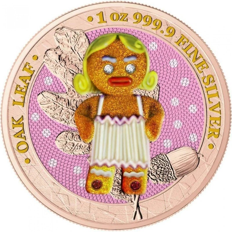 2019 Germania Oak Leaf Bejeweled Gingerbread - Angry Mommy coin featuring a detailed gingerbread character with vibrant crystals.