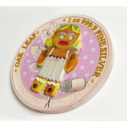 2019 Germania Oak Leaf Bejeweled Gingerbread - Angry Mommy coin featuring a detailed gingerbread character with vibrant crystals.