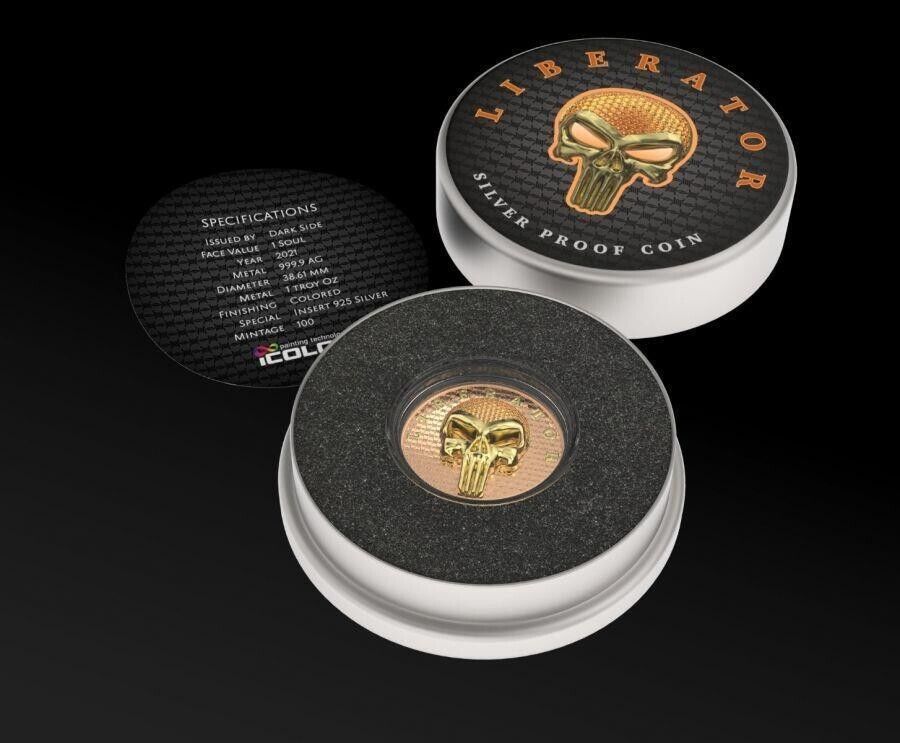 1 Oz Silver Coin Dark Side 2021 THE LIBERATOR Skull Gold / Orange Swarovski Captain’s Chest Bullion