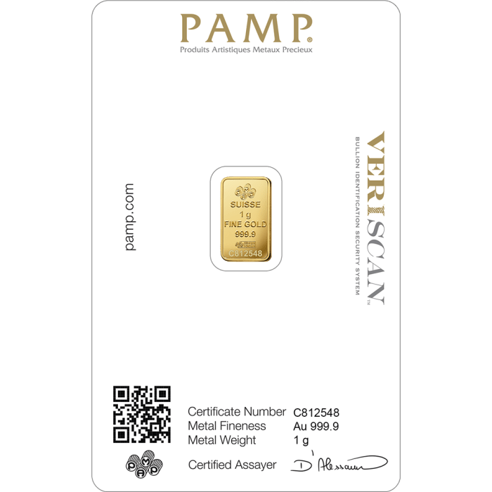 1 gram Pamp Suisse - Lady Fortuna with Veriscan .9999 Gold Bar (In Assay) Captain’s Chest Bullion