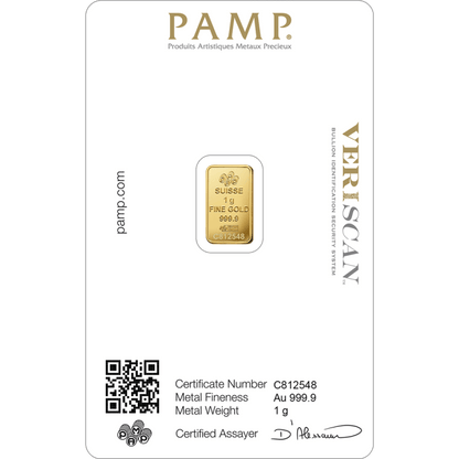 1 gram Pamp Suisse - Lady Fortuna with Veriscan .9999 Gold Bar (In Assay) Captain’s Chest Bullion