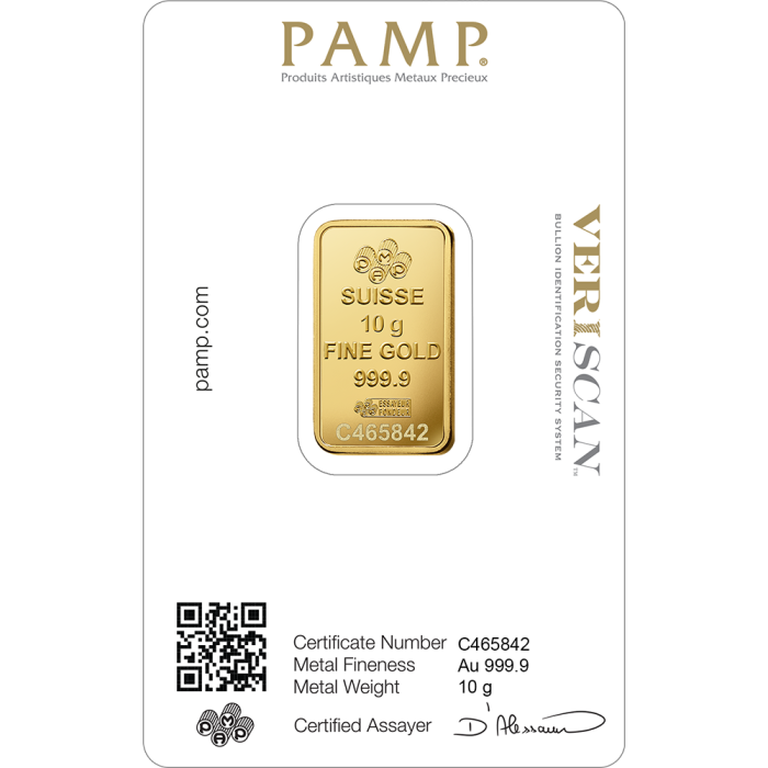 10 gram Pamp Suisse - Lady Fortuna with Veriscan .9999 Gold Bar (In Assay) Captain’s Chest Bullion