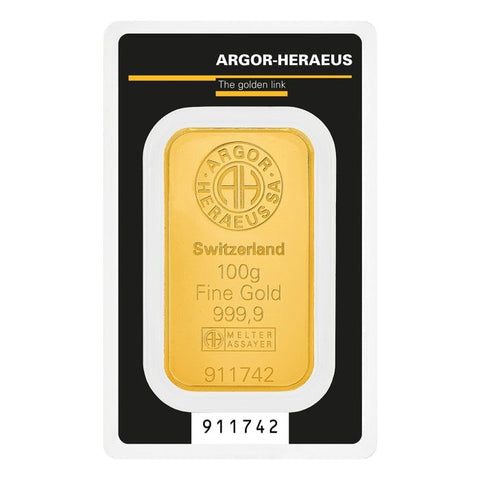 100 gram Argor Heraeus .9999 Gold Kine Bar