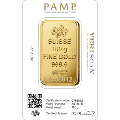 100 gram Pamp Suisse - Lady Fortuna .9999 Gold Bar (In Assay) Captain’s Chest Bullion