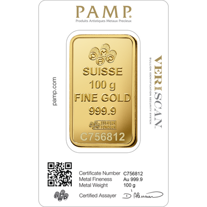 100 gram Pamp Suisse - Lady Fortuna .9999 Gold Bar (In Assay) Captain’s Chest Bullion