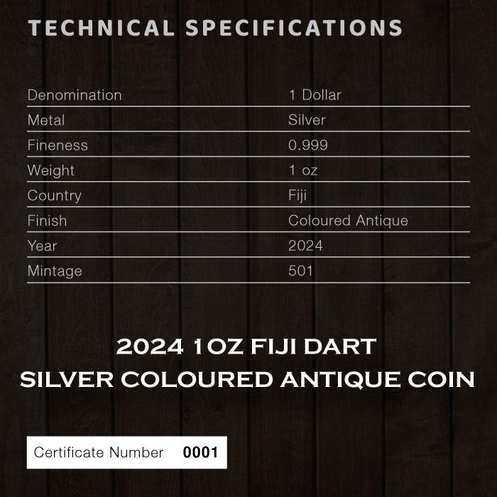 2024 1oz Fiji Dart .999 Silver Colorized Antique Coin