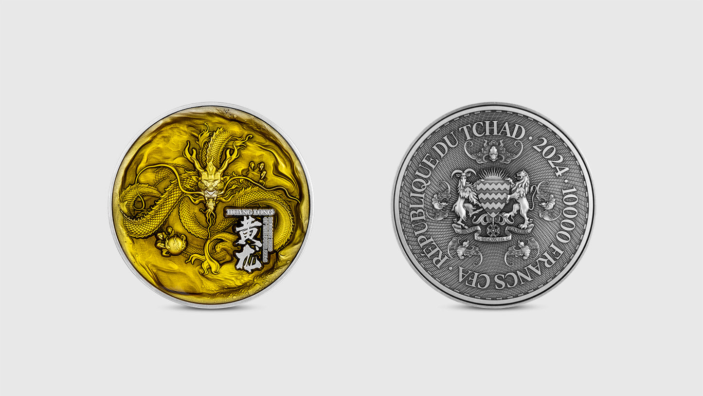 2024 Tchad The Yellow Dragon 2oz .999 Silver Coin – Antiqued Finish