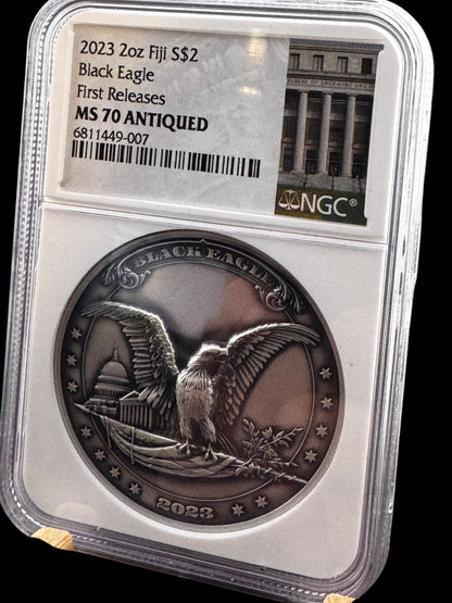 2024 Fiji 2$ MS70 NGC Black Eagle First Release 2oz .999 Antiqued Silver Coin