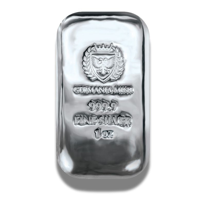 Germania 1oz Silver Bar Ingot – .999 fine silver bar with a new design, showcasing high purity and craftsmanship.