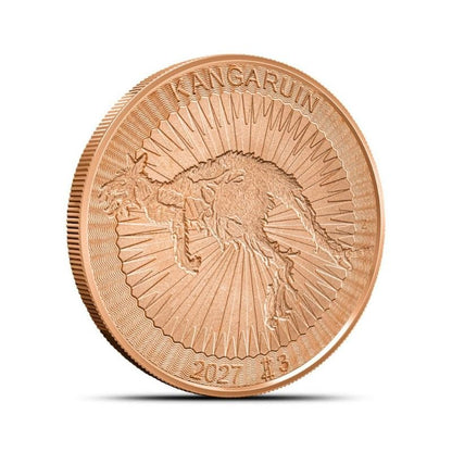 1 oz Zombucks Kangaruin Copper Round featuring a zombified kangaroo and biohazard symbol.