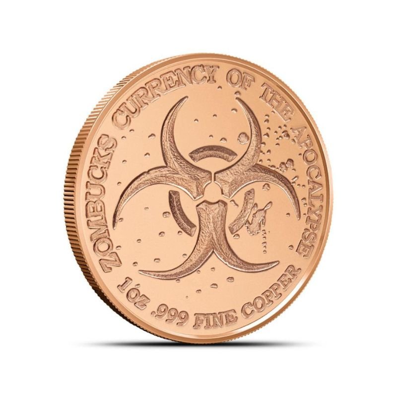 1 oz Zombucks Kangaruin Copper Round featuring a zombified kangaroo and biohazard symbol.