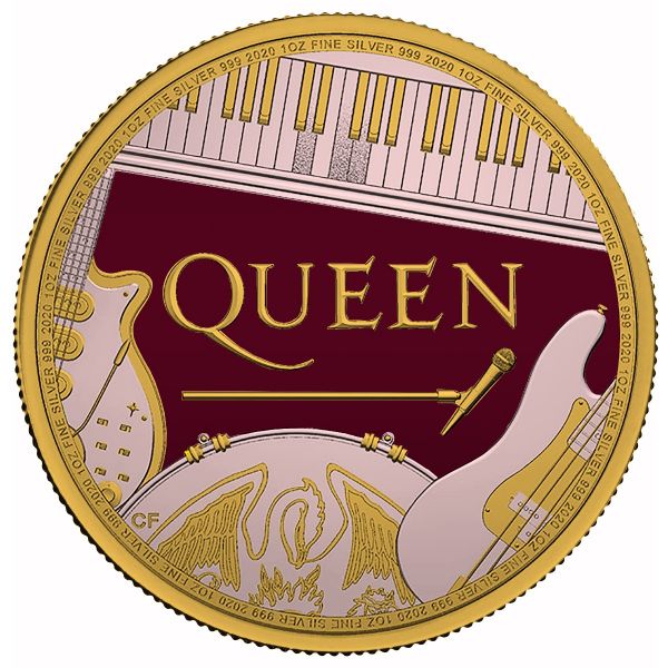 2020 Queen Rock Band Gold Gilded 1 Oz .999 Silver Coin Colorized