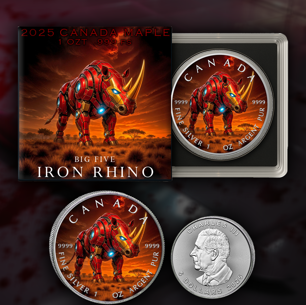 2025 Canada Maple Big Five Iron Rhino 1oz .9999 Silver