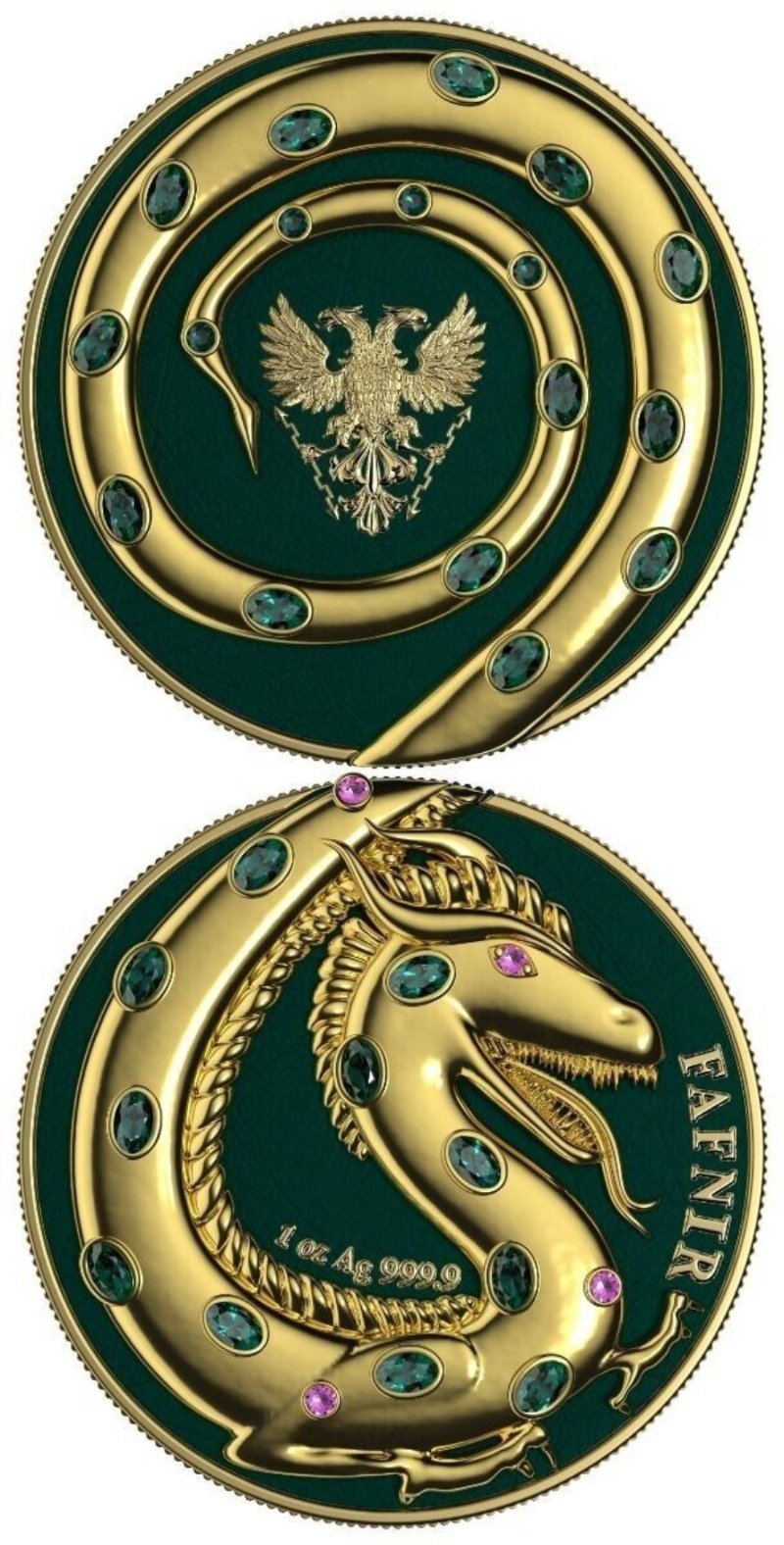 2020 Germania Fafnir Set - Gloss Gold and Gold Matte - 2 x 1 Oz Silver Coins with detailed dragon designs and unique finishes.