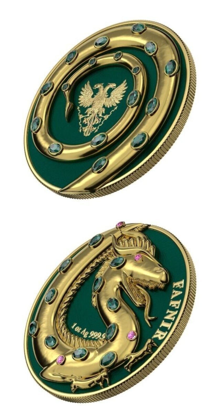 2020 Germania Fafnir Set - Gloss Gold and Gold Matte - 2 x 1 Oz Silver Coins with detailed dragon designs and unique finishes.