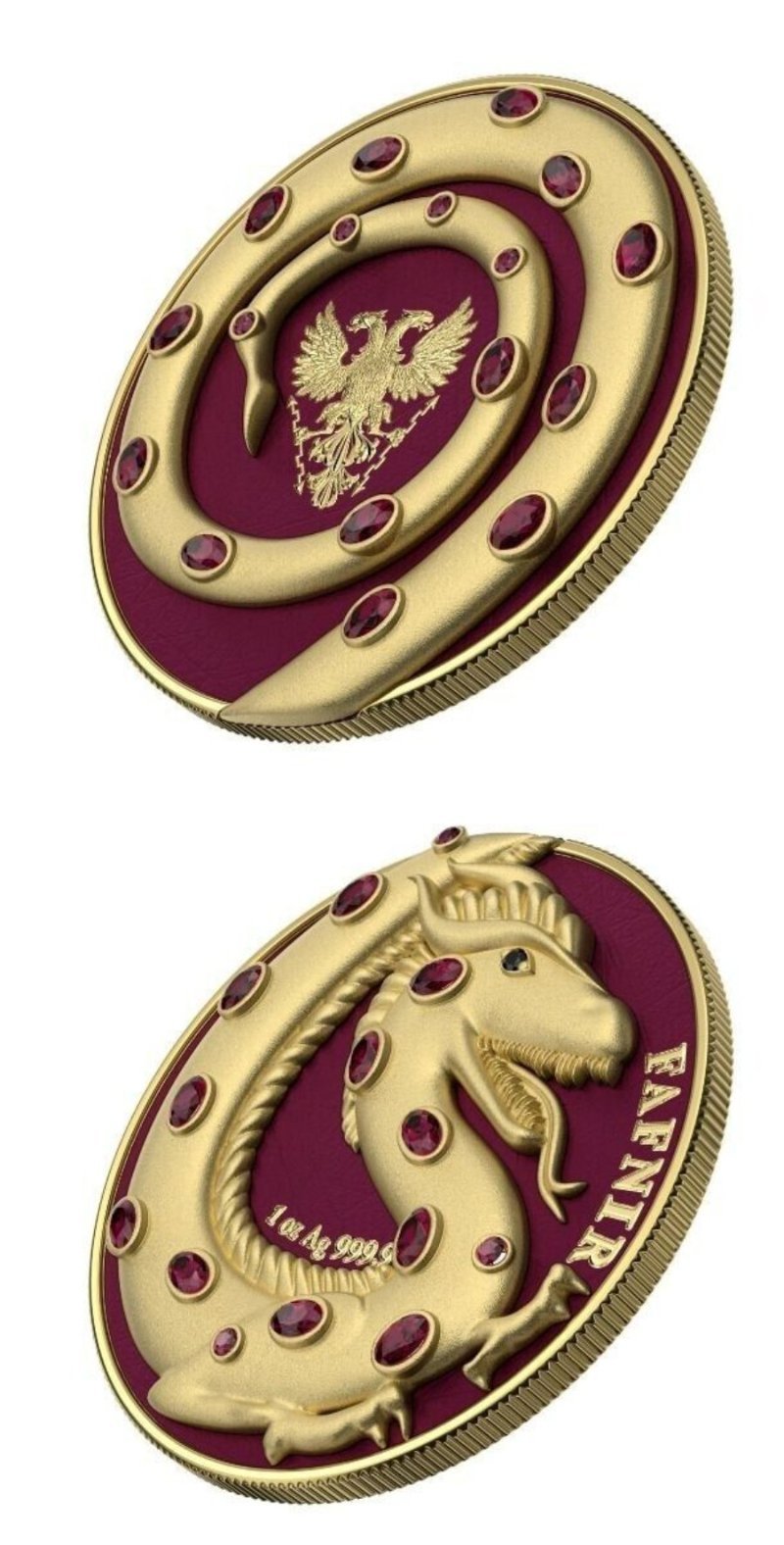 2020 Germania Fafnir Set - Gloss Gold and Gold Matte - 2 x 1 Oz Silver Coins with detailed dragon designs and unique finishes.